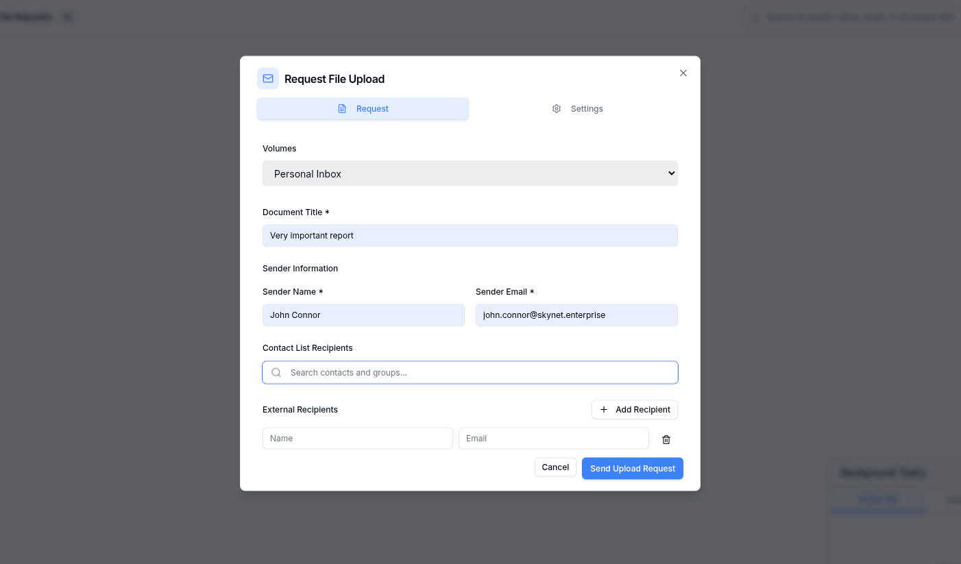 SecureShare File Requests — manage passwordless upload requests sent to external parties